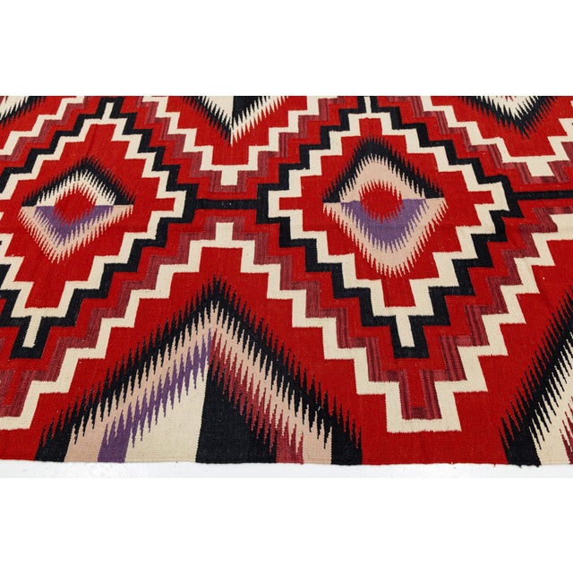 Modern Navajo Style Wool Rug – Crimson & Violet Graphic Diamond Motif 9x12 For Sale - Image 12 of 12