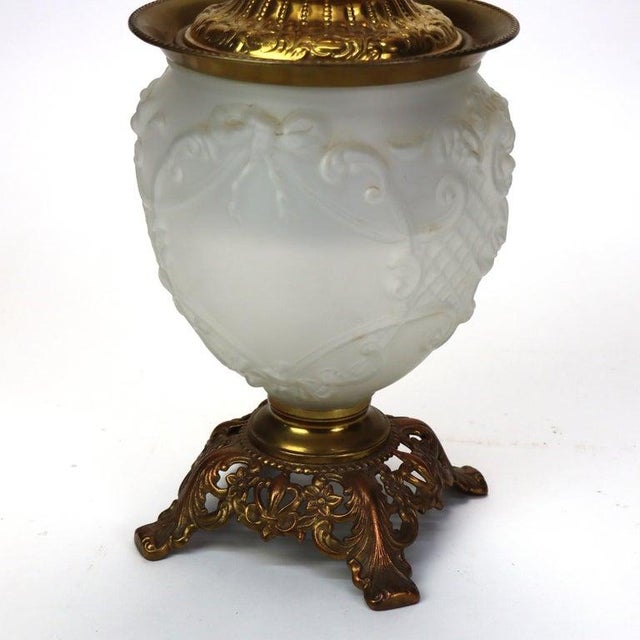 Metal Antique Opalescent Embossed Glass Gone With the Wind Oil Lamp C1890 For Sale - Image 7 of 12