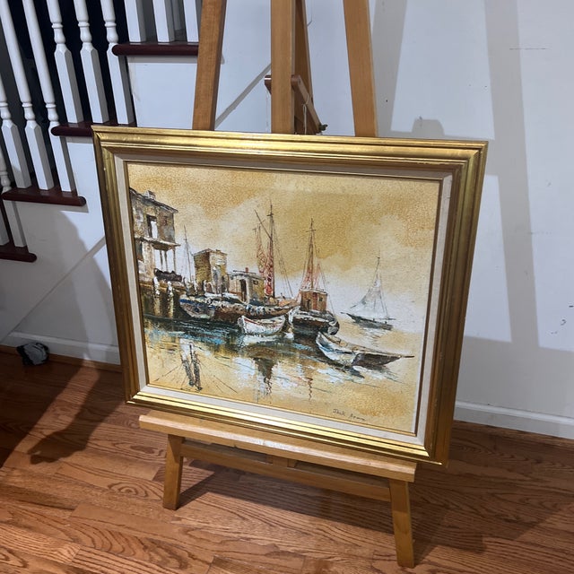 1970s Modern American Seascape Impressionist Style Oil on Canvas Titled Boats in the Harbour Framed Signed For Sale - Image 10 of 12