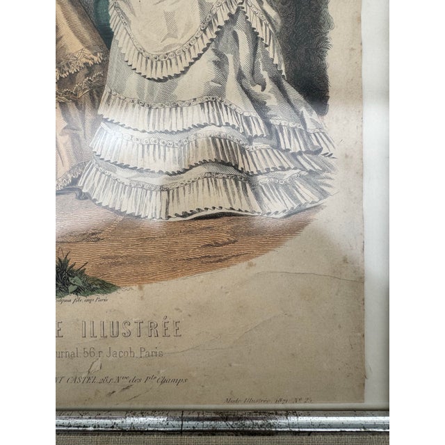 Linen 1871 La Mode Illustrée Hand-Colored French Fashion Plate No. 25 – Framed Victorian Parisian Print For Sale - Image 8 of 12