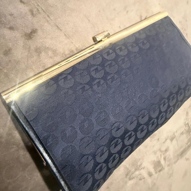 1980s Blue Fabric and Brass Italian Continuous Logo Clutch by Zenith For Sale - Image 9 of 15