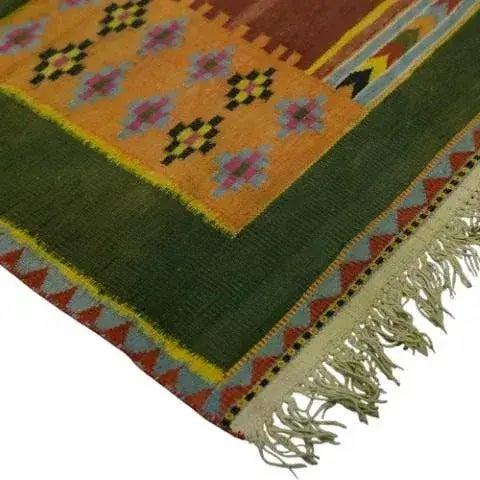 Mid-Century Modern Vintage Dhurrie Extra-Long Geometric Runner Rug in Green | Rug & Kilim For Sale - Image 3 of 5