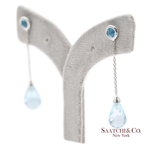 Contemporary 18k 750 Solid White Gold Blue Topaz Drop Earrings, Pair For Sale - Image 3 of 12