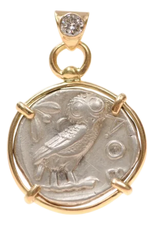 Silver Tetradrachm Owl Pendant W Diamond Trimmed in 18k Gold