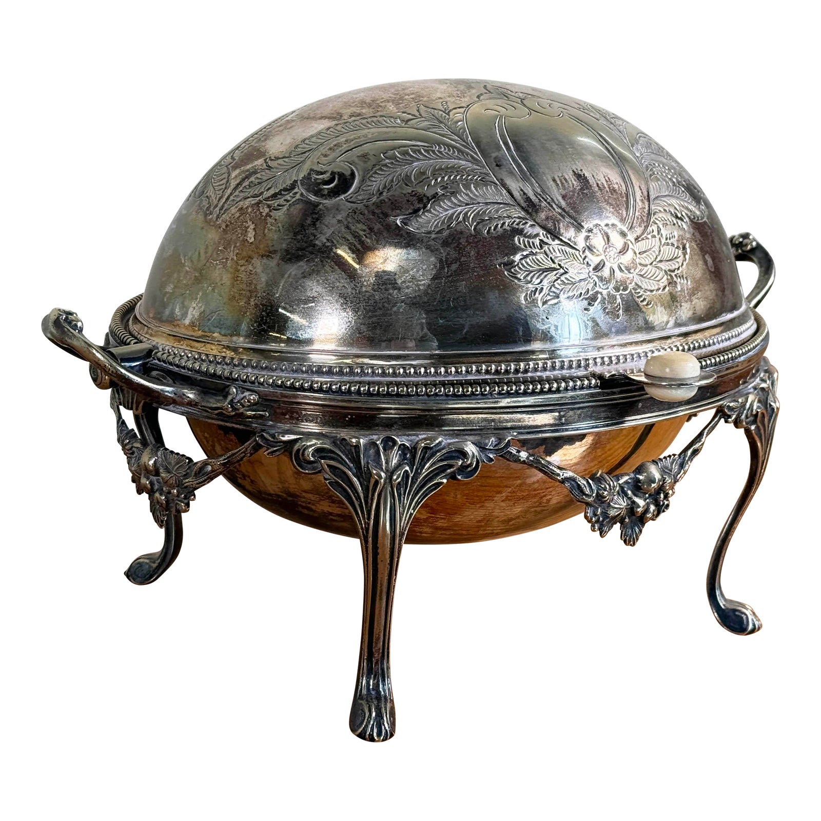 Antique Silver Plated Domed Roll Top Serving Dish W/ Pierced Insert