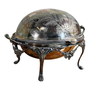 Antique Silver Plated Domed Roll Top Serving Dish W/ Pierced Insert