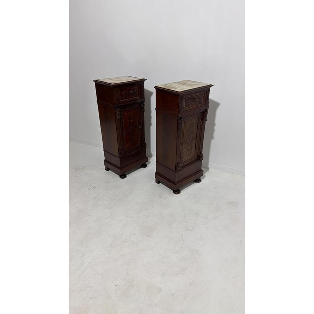 Wood Sicilian Hand-Carved Bedside Tables with Marble Tops, 1940, Set of 2 For Sale - Image 7 of 18