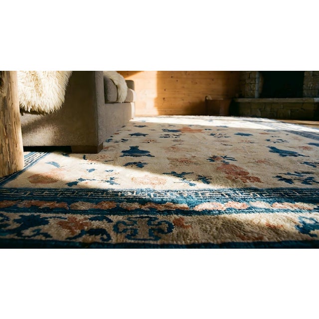 Delightful Ivory and Blue Color With Unique Chinoiserie Design Antique Chinese Ningxia Rug For Sale - Image 15 of 15