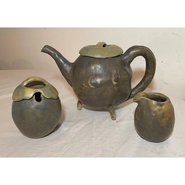 Antique Signed Japanese 3 Piece Studio Green Pottery Teapot Set Sugar Creamer For Sale In New York - Image 6 of 18