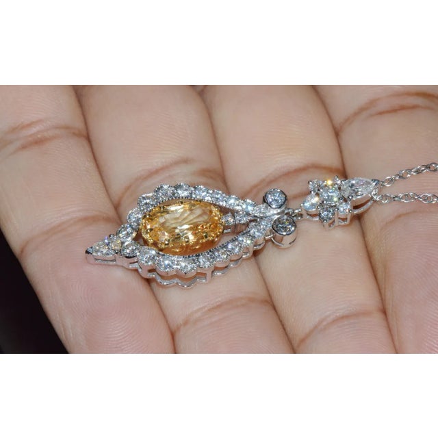 GIA Natural 4.54Cts VS F Diamond No Heat Sapphire 18K Solid Gold Pendant For Sale In Dallas - Image 6 of 9