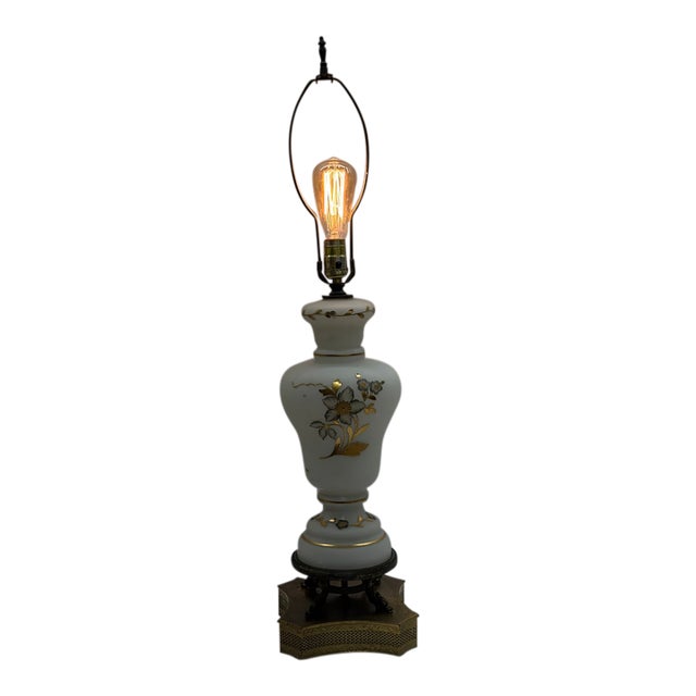 Vintage Painted Satin Glass Table Lamp With Gilded Floral Accents For Sale