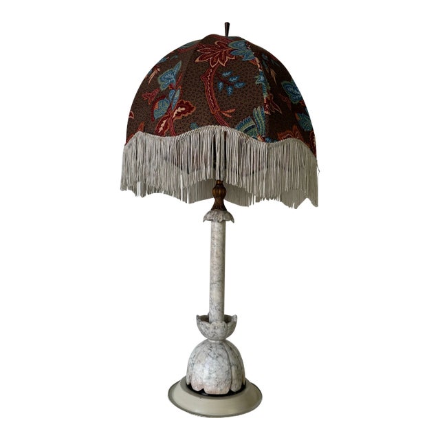 Vintage Carved Alabaster Table Lamp With Shade For Sale