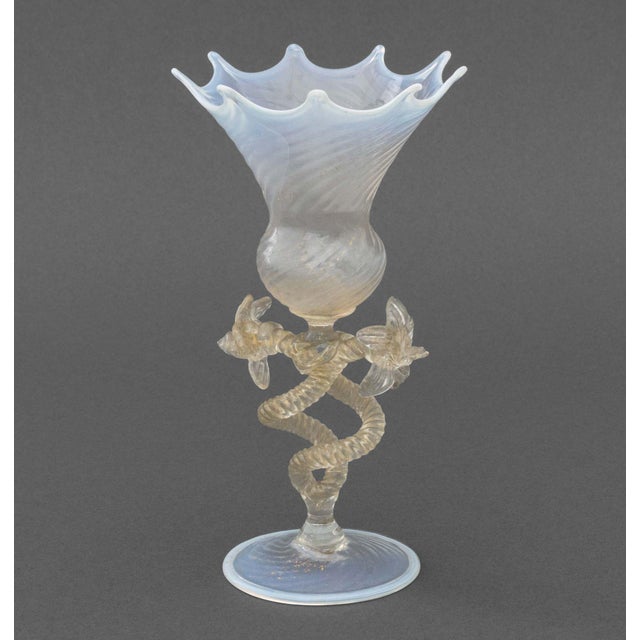 Salviati Attributed Opaline Glass Vase, circa 1950, with spiraling flowers form stem below a fluted glass bowl with...