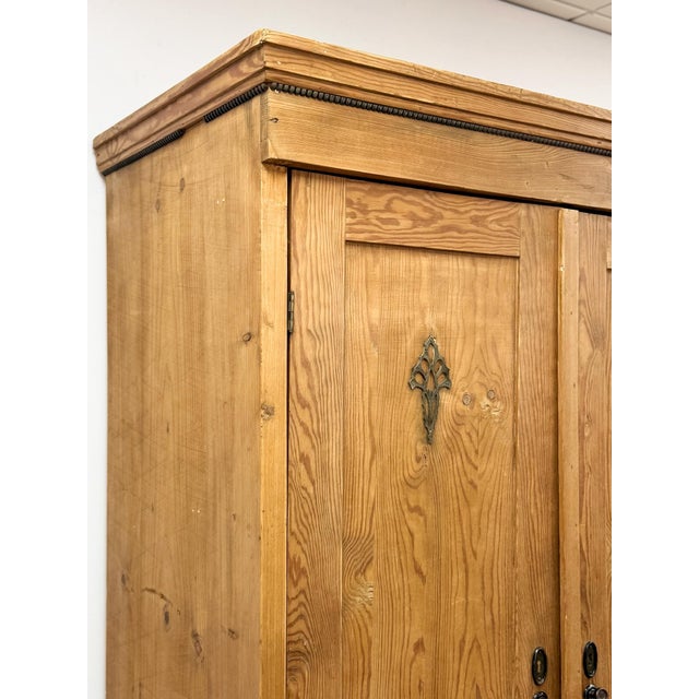 Wood Antique European Pine Wardrobe Two Door Armoire Turned Feet, Natural Wood For Sale - Image 7 of 17