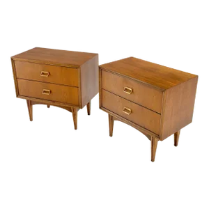 Mid-Century Modern Oiled Walnut Two Drawers End Tabled Nightstands - A Pair