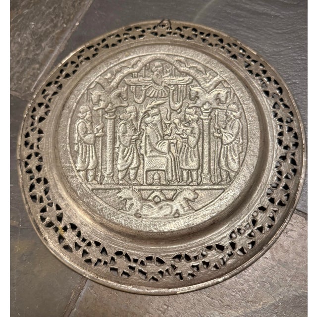 Beautiful vintage Persian (Iranian) decorative wall plate featuring traditional Ghalamzani-style metalwork, an intricate...