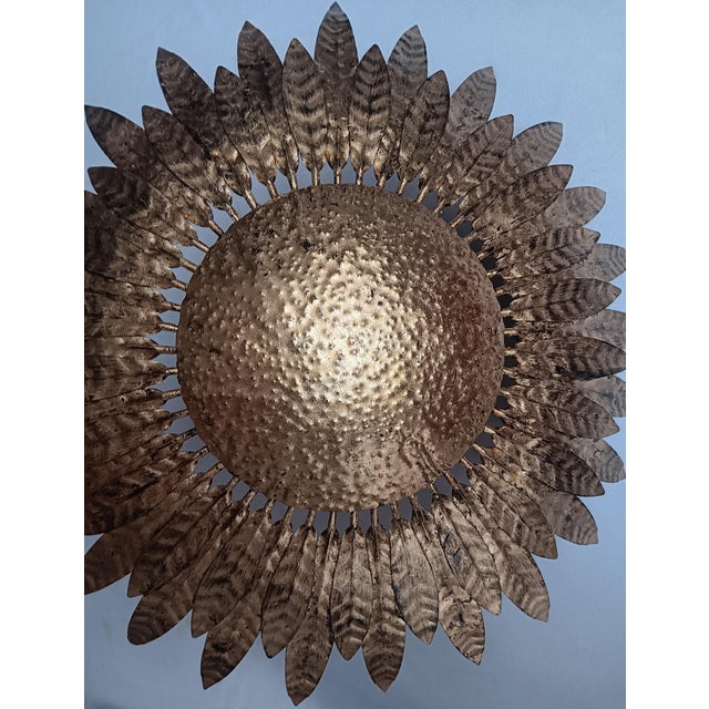 Spanish Metal Gold Leaf Sunburst Ceiling Fixture, 1960s For Sale - Image 6 of 8