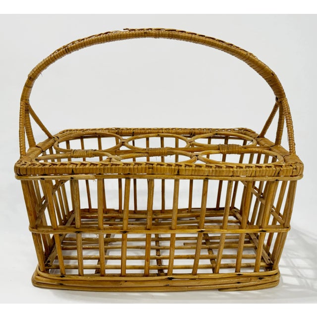 Farmhouse Vintage Woven Rattan Glass or Bottle Caddy For Sale - Image 3 of 7