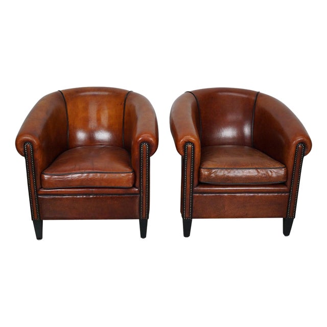 Set of Vintage Dutch Cognac Colored Leather Club Chairs For Sale