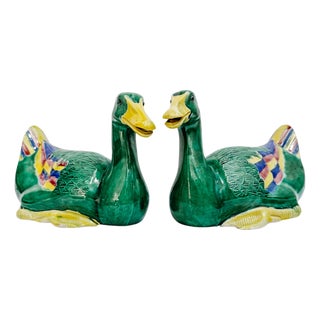 Mid 20th Century Chinese Emerald Green Glazed Ceramic Duck Figurines For Sale