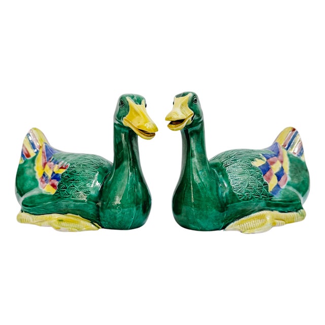 Mid 20th Century Chinese Emerald Green Glazed Ceramic Duck Figurines For Sale