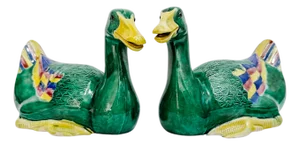 Mid 20th Century Chinese Emerald Green Glazed Ceramic Duck Figurines