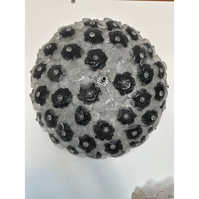 2010s Contemporary Clear and Black Flowers Murano Glass Flush Mount For Sale - Image 5 of 8