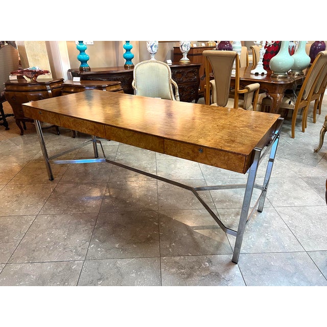 Chestnut Jack Freidin for Pace Collection Chrome and Burl Veneer 4-Drawer Writing Desk For Sale - Image 8 of 8