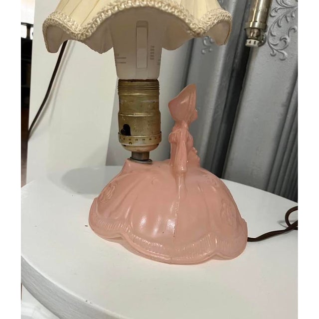 5” to the top of the figure, 9.5” to top of lampshade. LE Smith Glass Company. Good working order but the part that holds...