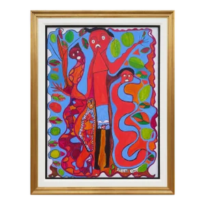 Late 20th Century Late 20th Century Red & Blue Abstract Figurative Painting With Four Figures and Botanical Elements By