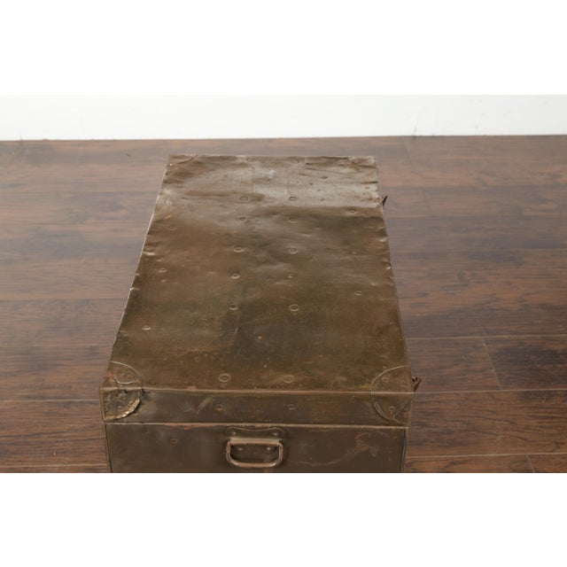 English 1920s Sarah Rackett Metal Trunk with Handles Mounted on New Custom Stand For Sale - Image 4 of 12