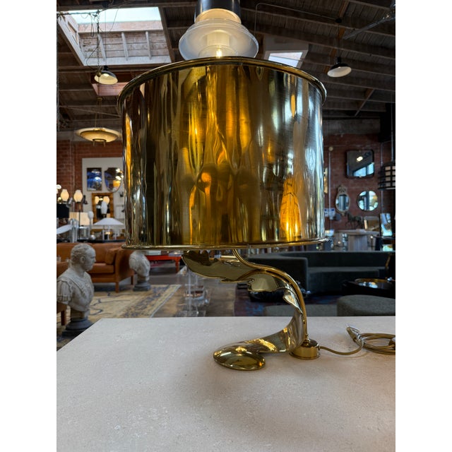 Metal Italian Sculptural Brass Table Lamp With Cylindrical Shade, 1970s For Sale - Image 7 of 8