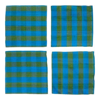 Vintage Set 4 Blue Green Silk Gingham Plaid Cocktail Napkins Barware For Sale
