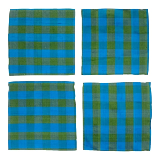 Vintage Set 4 Blue Green Silk Gingham Plaid Cocktail Napkins Barware For Sale