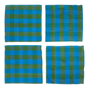 Vintage Set 4 Blue Green Silk Gingham Plaid Cocktail Napkins Barware