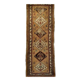 Antique 19th C. Persian Kurdish Runner Rug, Hand-Knotted Wool, Geometric Pattern, 4x10, Camelhair & Ivory For Sale