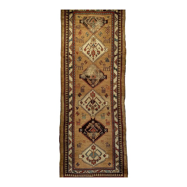 Antique 19th C. Persian Kurdish Runner Rug, Hand-Knotted Wool, Geometric Pattern, 4x10, Camelhair & Ivory For Sale