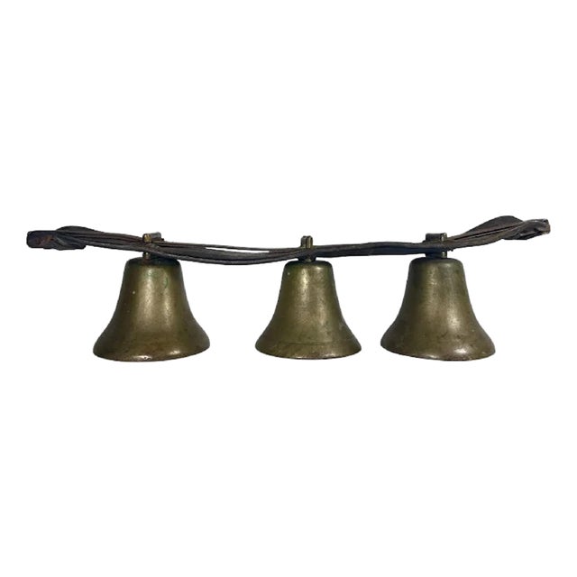 Antique Horse Sleigh Bells: Leather Strap with Brass Bells For Sale