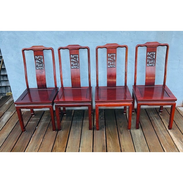 Vintage Chinese Traditional Hand Carved Dragon Design Solid Rosewood Dining Set Table and 4 Chairs For Sale - Image 14 of 18