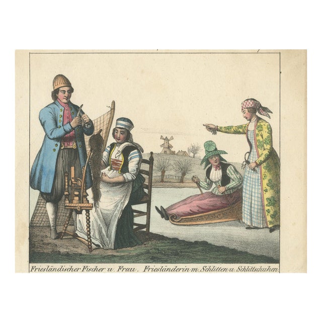 Frisian Fisherman & Winter Costume Scene Dutch Costume Lithograph, c.1840 For Sale