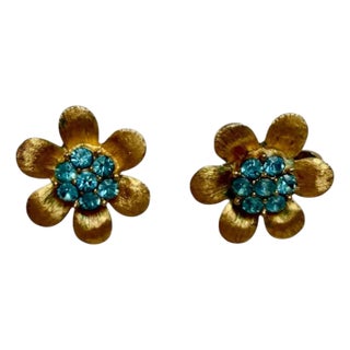 Vintage Stamped Crown Trifari Gold Tone Brushed and Teal Rhinestone Earrings, A Pair For Sale