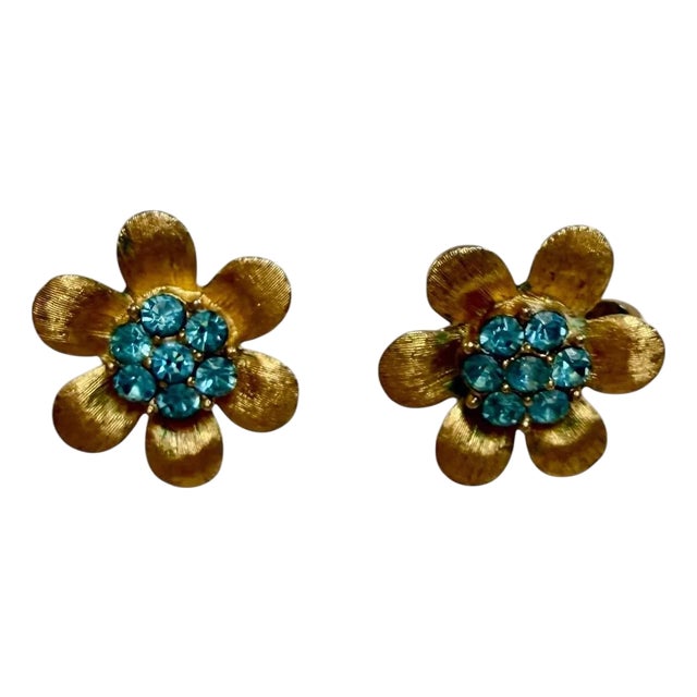 Vintage Stamped Crown Trifari Gold Tone Brushed and Teal Rhinestone Earrings, A Pair For Sale