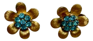 Vintage Stamped Crown Trifari Gold Tone Brushed and Teal Rhinestone Earrings, A Pair