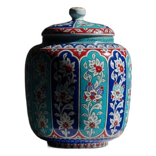Handmade Ceramic Jar (25cm) “Aegean Columns” Design – Rhythmic Cobalt & Turquoise Architecture For Sale
