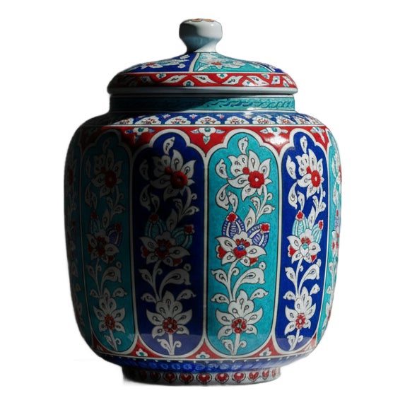 Handmade Ceramic Jar (25cm) “Aegean Columns” Design – Rhythmic Cobalt & Turquoise Architecture For Sale