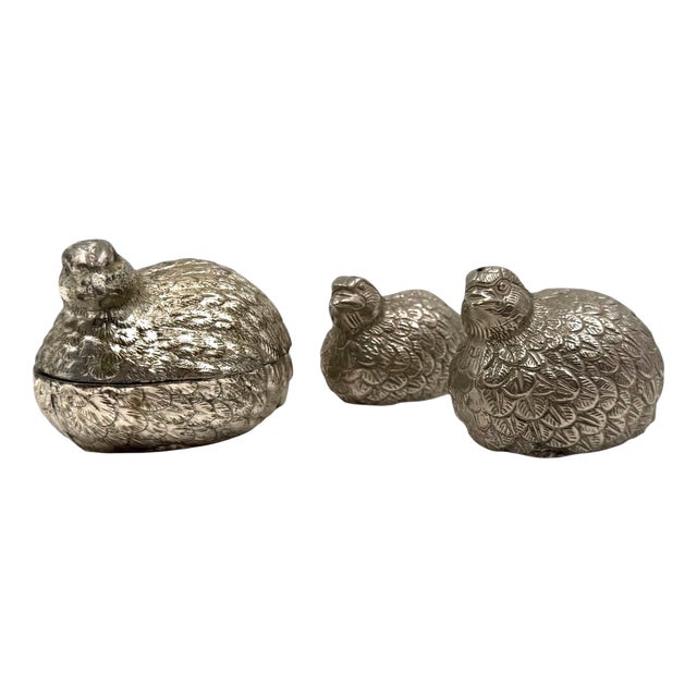 Hollywood Regency Silver-Plate Quails Shaped Salt and Pepper by Gucci, Italy, 1970s, Set of 3 For Sale