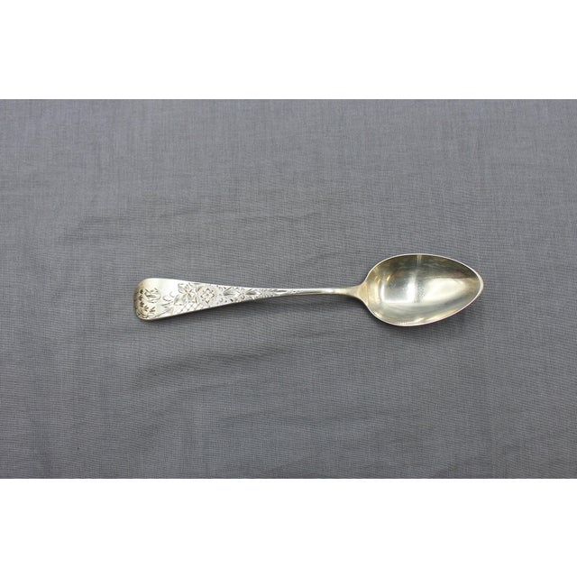 1882 set of 5 sterling silver teaspoons, Antique Lily Engraved pattern by Whiting. Retailed by Bailey Banks & Biddle....