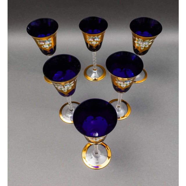 Mid 20th Century Tre Fuochi Venetian Glass Cobalt Blue 24k Gold Wine Glasses Set of 6 For Sale - Image 5 of 11