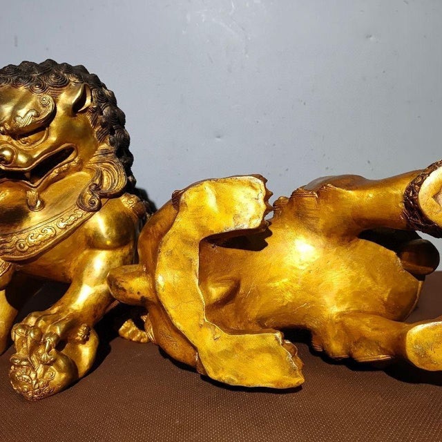 Pair of Large Vintage Gilt Bronze Guardian Lions – Seated Foo Dogs With Brocade Balls For Sale - Image 9 of 9