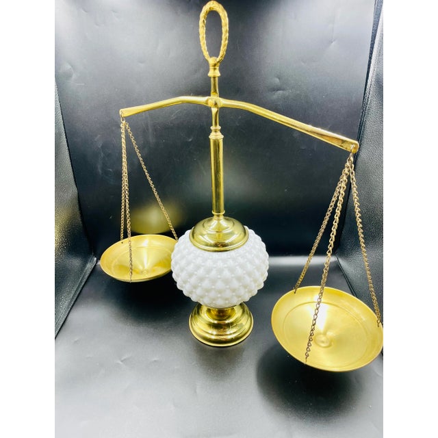 Mid 20th Century Vintage Brass & Milk Glass "Balance of Justice" Weight Scales For Sale - Image 5 of 12